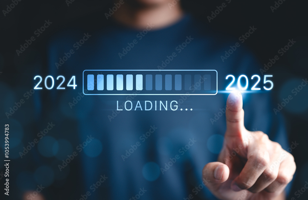 Digital progress bar between the years 2024 and 2025, with a person pointing towards 2025, symbolizing transition and progress